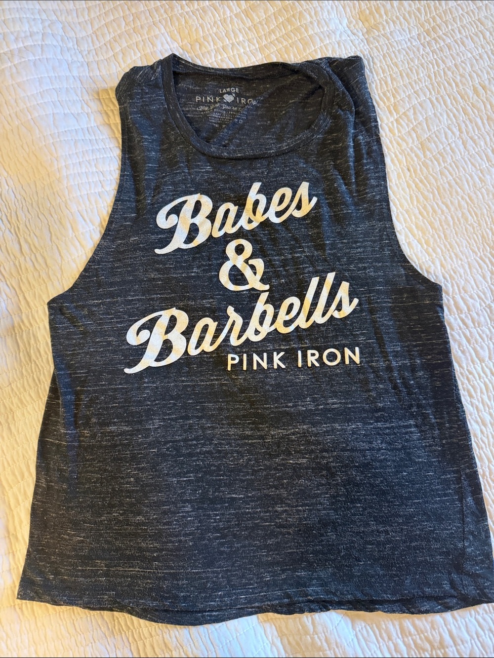 Babes & Barbells Pink Iron Muscle Tank - Charcoal Heather with White Print